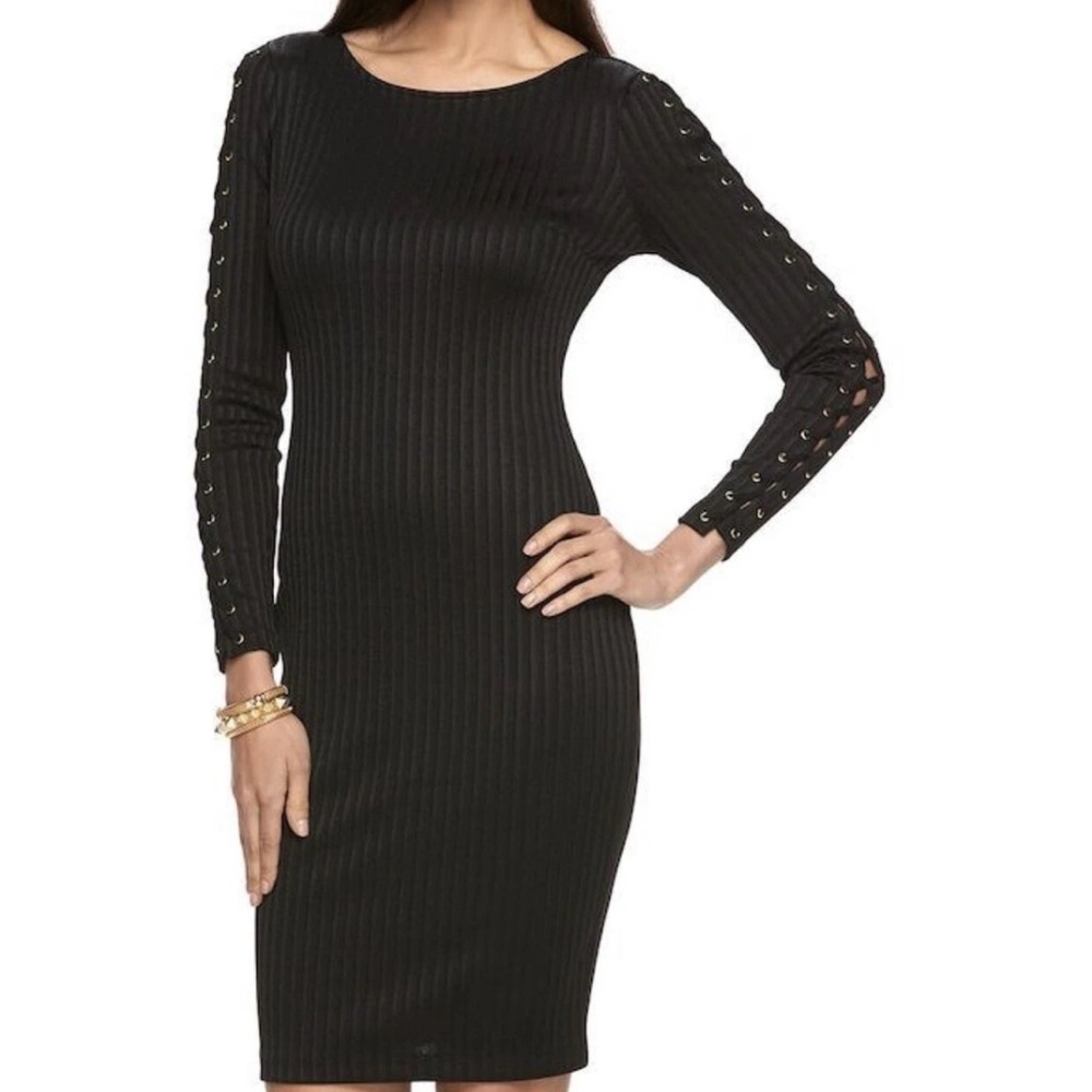 Jennifer Lopez‎ Black Ribbed Lace Up Sleeve Bodycon Sheath Dress Size 4 NWT